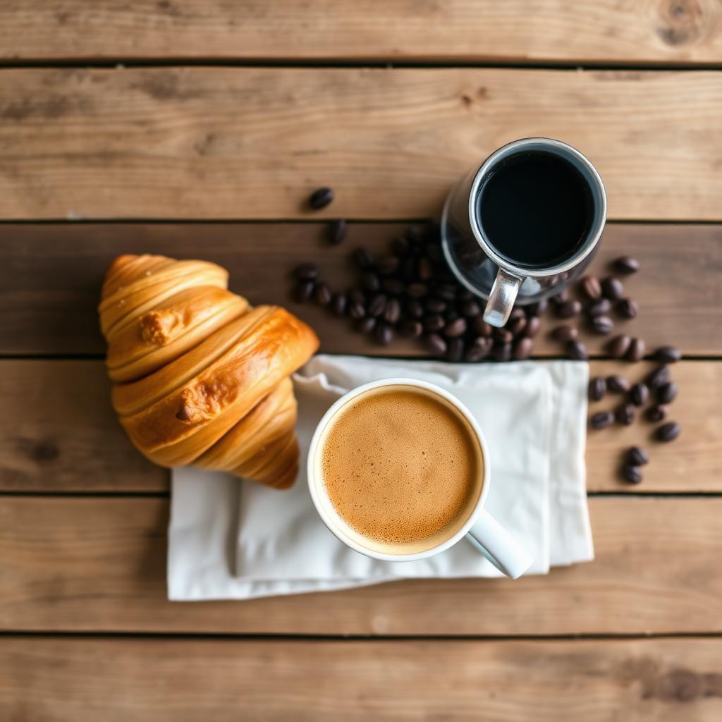 Flat white coffee and butter croissant on a rustic wooden table with scattered coffee beans