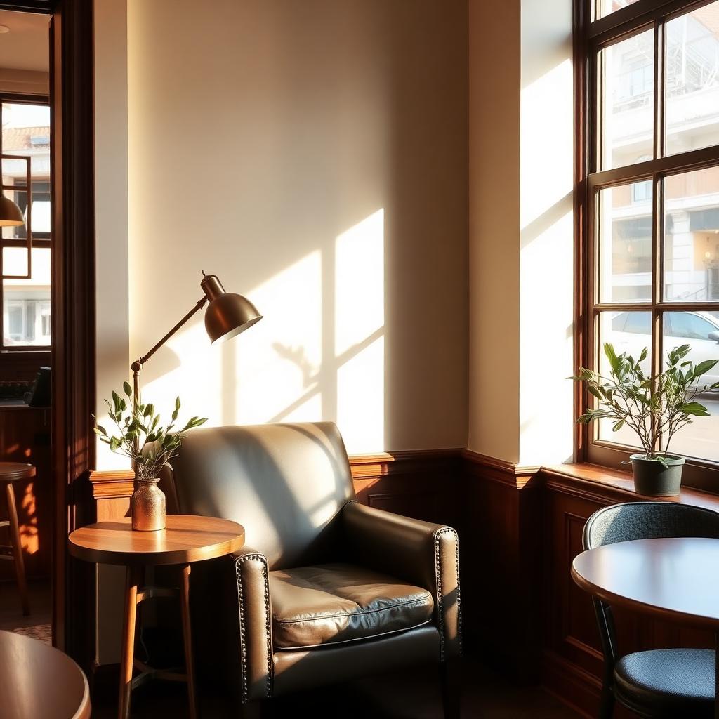 Cozy corner of Amber & Oak with a leather armchair and warm morning light